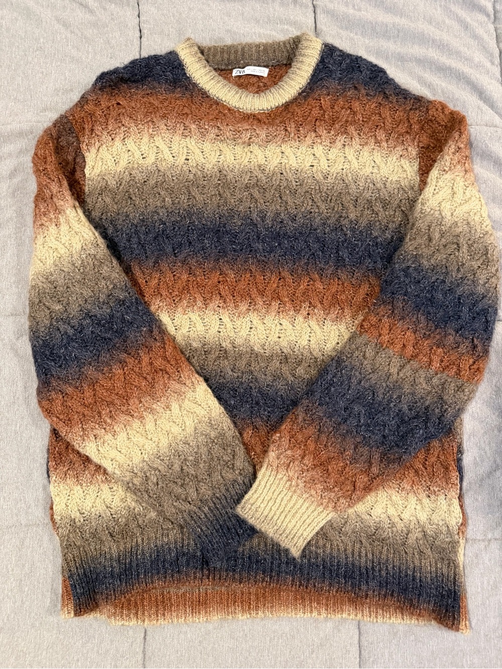 Zara Men's Ombre Cable-Knit Crewneck Sweater - Cream, Brown, Blue - Picture 1 of 2